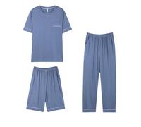 DuomaiJJ Schlafanzug Herren kurz Kurzärärmel-Shorts Und Lange Hosen-Pyjamas Modal Plus Size Casual Home Clothes DREI-teiliger Anzug-blau-XL