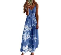 DUOTCYELE Sommerkleider Für Frauen Übergröße Beiläufige Lose Hosenträger Langes Maxikleid Loses Kleid Sommer Strandkleid Blumendruck Tankkleid Damen Sommer Blau Swing Kleider,Weiß,S