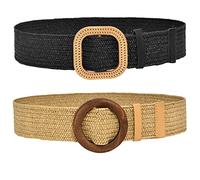 DUOXIN 2 Stück Damen Geflochtener Taillengürtel, Frauen Stroh Gewebter Elastischer Stretch Taillengürtel Mode Böhmen Kleid Band Rattan Holz Schnalle Gürtel für Kleid, Hemd