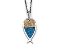 DUR Anhänger Fisch für Halskette aus 925 Sterling Silber mit Strandsand und blauem Steinsand veredelt, Beige/Blau, 34x 13 mm, P3989