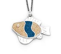 DUR Anhänger Fisch für Halskette aus 925 Sterling Silber mit Strandsand und blauem Steinsand veredelt, Beige/Blau, 38x 40 mm, P4044