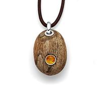 DUR Anhänger Holzkiesel oval aus echtem Treibholz | Bernstein/Kyanit/Perle/Lavasand | 925 Sterling Silber | Unikat Damen-Schmuckstück