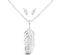 DUR Schmuck - Feder Schmuckset | 925er Silber | Poliert | Rhodiniert | Anhänger mit Kugelkette 50cm & Ohrstecker | P2737 | K2255 | S1433 | Frauen | Jugend Mädchen | Modebewusste | Schmuck-Set