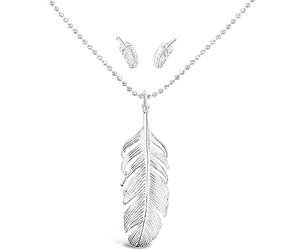 DUR Schmuck - Feder Schmuckset | 925er Silber | Poliert | Rhodiniert | Anhänger mit Kugelkette 50cm & Ohrstecker | P2737 | K2255 | S1433 | Frauen | Jugend Mädchen | Modebewusste | Schmuck-Set