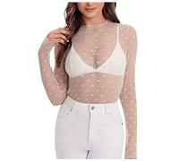 Durchsichtig Sheer Netz Bluse Shirt Damen Netzoberteil Basic Transparent Mesh Top Rundhals Spitzen Blumen Langarmshirt Sexy Festival Oberteile Schwarz Outfit Tops Tunika Langarm Party (White, M)