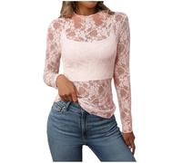 Durchsichtige Oberteil Damen Sheer Mesh Langarmshirt Top Sexy Spitzen Blumenmuster Stehkragen Netzoberteil Langarm Transparentes Layering Tops Frauen Casual Netz Shirts Bluse Tunika Party Clubwear (S)