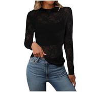 Durchsichtige Oberteil Damen Sheer Mesh Langarmshirt Top Sexy Spitzen Blumenmuster Stehkragen Netzoberteil Langarm Transparentes Layering Tops Frauen Casual Netz Shirts Bluse Tunika Party (Black, L)