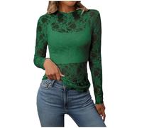 Durchsichtige Oberteil Damen Sheer Mesh Langarmshirt Top Sexy Spitzen Blumenmuster Stehkragen Netzoberteil Langarm Transparentes Layering Tops Frauen Casual Netz Shirts Bluse Tunika Party (Green, XL)