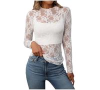 Durchsichtige Oberteil Damen Sheer Mesh Langarmshirt Top Sexy Spitzen Blumenmuster Stehkragen Netzoberteil Langarm Transparentes Layering Tops Frauen Casual Netz Shirts Bluse Tunika Party (White, XL)