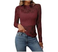 Durchsichtige Oberteil Damen Sheer Mesh Langarmshirt Top Sexy Spitzen Blumenmuster Stehkragen Netzoberteil Langarm Transparentes Layering Tops Frauen Casual Netz Shirts Bluse Tunika Party (Red, M)