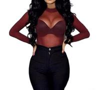 Durchsichtiges Netz-Langarm-T-Shirt für Damen, transparent, schmale Passform, geeignet für Mode und Freizeit (XXL Weinrot)
