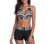 Durio Bikini Damen Bikini Set Zweiteiliger Badeanzug Bikini mit Hotpants Träger Oberteil Bikinihose Rosa gestreift 42-44
