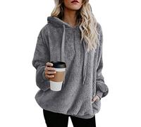 Durio Hoodie Damen Fleece Kapuzenpulli Teddy Fleece Pullover Decke Hoodie Oversize Sweaterpullover Winter Warm Grau 2XL