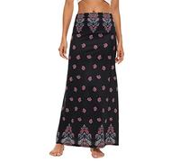 Durio Rock Maxirock Boho Lang Damen Rock Weich Damenrock Freizeitrock mit hohem Bund Skirt Elastisch Schwarz u. Rosa Blumen 40-42 (Tag Size L)