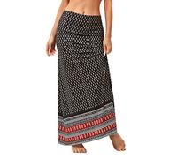 Durio Rock Maxirock Lang Damen Rock Weich Damenrock Freizeitrock mit hohem Bund Skirt Elastisch Schwarz u. Rot 36-38(Tag Size S)