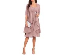 Dusty Rose Chiffon 2-teiliges Brautmutterkleid mit Ärmeljacke Kurzes Bräutigamsmutterkleid für Frauen UK18