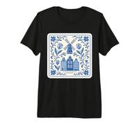 Dutch Delft Blue Windmühle & Kanalhäuser mit floralen Tulpen Premium T-Shirt