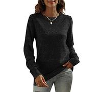 DUTUT Glänzender langärmeliger Damen-Pullover mit Rundhalsausschnitt, lässig, einfarbig, Tunika, Tops, Herbst, weicher Pullover, schwarz, X-Groß