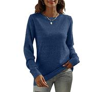 DUTUT Glänzender langärmeliger Damen-Pullover mit Rundhalsausschnitt, lässig, einfarbig, Tunika, Tops, Herbst, weicher Pullover, blau, X-Groß
