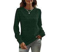DUTUT Glänzender langärmeliger Damen-Pullover mit Rundhalsausschnitt, lässig, einfarbig, Tunika, Tops, Herbst, weicher Pullover, Grün , Groß