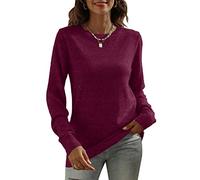 DUTUT Glänzender langärmeliger Damen-Pullover mit Rundhalsausschnitt, lässig, einfarbig, Tunika, Tops, Herbst, weicher Pullover, fuchsia, XX-Large
