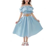 duxyoz 2-teiliges Outfit für Mädchen, Rüschen, schulterfrei, bauchfreies Oberteil + Faltenrock mit Gürtel für Kinder, Teenager, elegant, einfarbig, Sommerkleidungs-Set, Party, Urlaub, Party