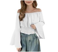 duxyoz Ausgestelltes Langarm-Shirt für Mädchen, Sommer, schulterfrei, Renaissance-Bluse, elegant, Partykleidung, trägerloses T-Shirt, niedlich, Western, lässig, locker, plissiert, elegantes Oberteil