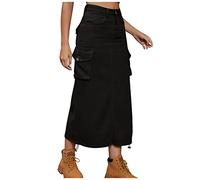duxyoz Cargorock für Damen, elastisch, hohe Taille, Knopfleiste, Y2K, Vintage, Streetwear, Freizeit, Arbeit, langes Kleid mit mehreren Taschen, einfarbig, A-Linie, Punk, lockerer Bleistiftrock