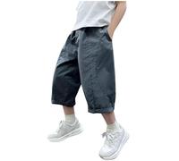 duxyoz Cropped-Hose für Jungen, Baumwolle, Caprihose, leicht, übergroß, Cargo-Shorts, lockere Passform, Sommer-Jogger, lässig, athletisch, Baggy, einfarbig, Schulhose, elastische Taille, weiche