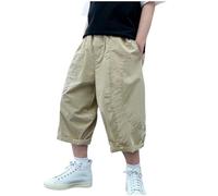 duxyoz Cropped-Hose für Jungen, Baumwolle, Caprihose, leicht, übergroß, Cargo-Shorts, lockere Passform, Sommer-Jogger, lässig, athletisch, Baggy, einfarbig, Schulhose, elastische Taille, weiche