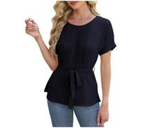 duxyoz Damen-Chiffon-Bluse, kurzärmelig, elegante Arbeitsoberteile mit Gürtel, einfarbig, Taille, plissiert, Tunika, Tops, Sommer, Rundhalsausschnitt, lässig, modisch, T-Shirt, einfarbig, elegant