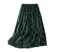 duxyoz Damen Sommer Leinenrock Kordelzug elastische Taille fließende Swing Midi Röcke Vintage Polka Dots Vintage plissierte Kleider hohe Taille Business Casual A Linie knielang eleganter Rock, 01 Army