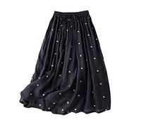 duxyoz Damen Sommer Leinenrock Kordelzug elastische Taille fließender Swing Midi Röcke Vintage Polka Dots Vintage Plissee Kleider hohe Taille Business Casual A-Linie knielang eleganter Rock, 01 Navy