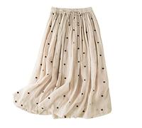 duxyoz Damen Sommer Leinenrock Kordelzug elastische Taille fließender Swing Midi Röcke Vintage Polka Dots Vintage Plissee Kleider hohe Taille Business Casual A-Linie knielang eleganter Rock, 01 Khaki