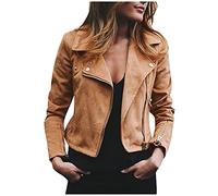 duxyoz Damenjacke aus Wildlederimitat, Motorradjacke, mit Reißverschluss, bauchfrei, Vintage, Bikerjacke, klassisch, langärmelig, cooler Reißverschluss, kurzer Mantel, Reverskragen, lässig, Streetwear