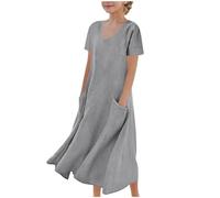 duxyoz Kurzärmeliges Leinenkleid für Mädchen, mit Taschen, leicht, Rundhalsausschnitt, Strand-Lounge, lässiges Sommerkleid, lockere Passform, einfarbig, fließende Maxikleider, einfarbig, Urlaub,