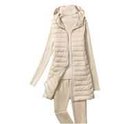 duxyoz Lange Weste für Damen, leichte Pufferweste, lange Weste, mit Kapuze, gepolstert, ärmellos, mit Reißverschluss, Daunenmantel, Steppweste, Thermo-Oberbekleidung, Bodywarmer, 01 Beige, L
