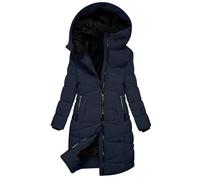 duxyoz Langer Wintermantel für Damen, Fleece-gefüttert, Puffermantel, durchgehender Reißverschluss, mit Kapuze, lange Jacken, leicht, gepolstert, gesteppt, Ärmel, Plüsch-Übermantel, Outwear, winddicht