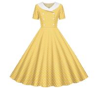 duxyoz Mädchen Kleid Sommer Vintage 1950er Rockabilly Swing Kleid Retro Hepburn Stil Pinup Skater A-Linie Kleider Kurzarm Zweireiher Polka Dots Abend Party Ballkleider Ballkleid 5-14 Jahre, 01 gelb, 7