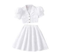 duxyoz Mädchensommerkleid-Outfit, 2-teiliges Kleidungsset, Puffärmel, Knopfhemden und Röcke mit hoher Taille, zweiteiliges Set, einfarbig, Urlaub, Loungewear, Schulkleider für Kinder von 8-13 Jahren