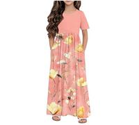 duxyoz Maxikleid für Mädchen, Sommer, lässig, kurzärmelig, Blumendruck, lockeres langes Kleid mit Taschen, Patchwork, Strand, Urlaub, Boho, Sommerkleid, Kinder, dehnbar, A-Linie, fließende