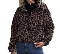 duxyoz Pelzmantel für Damen, Leoparden-Fleece-Jacke für Damen, warme Wintermäntel, lässig, locker, Kunstfell-Jacke, lange Ärmel, durchgehender Reißverschluss, Revers, Wintermantel, elegant, dick, warm