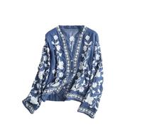 Dvbfufv Damen Jeanshemd Frühling Sommer Weich V-Ausschnitt Blumenstickerei Blusen Damen Dünne Jeans Mantel Tops, dunkelblau, S