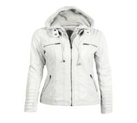 Dvbfufv Damen-Kapuzenjacke aus Leder, Herbst-Winterjacke, Damen-Reißverschluss, kurz, große Größe, Ledermantel, weiß, 48