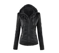 Dvbfufv Damen-Kapuzenjacke aus Leder, Herbst-Winterjacke, Damen-Reißverschluss, kurz, große Größe, Ledermantel, Schwarz , 32