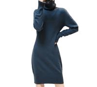 Dvbfufv Damen-Pulloverkleid aus Merinowolle, für Herbst und Winter, Rollkragen, Strickkleid, elegant, lässig, langärmelig, blau, S
