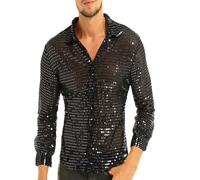 Dvbfufv Glänzendes Paillettenhemd für Herren, langärmelig, Button-Down-Party-Shirt, Herren-Halloween-Hemd, Tops, Schwarz , S