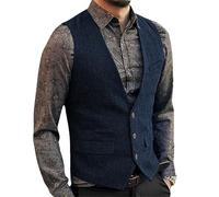 Dvbfufv Herren Anzugweste Wolle Tweed Weste Jacke Slim Business Groomman Hochzeitswesten Frühling Navy S