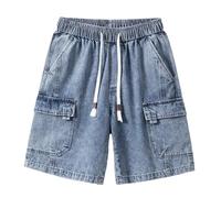 Dvbfufv Lose Denim-Shorts für Herren, Sommer, Streetwear, gerade, elastische Taille, Kordelzug, trendig, lässig, kurze Jeans, blau, L