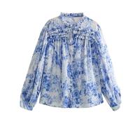 Dvbfufv Modische bedruckte Blusen für Damen, Vintage, lässig, Kordelzug, V-Ausschnitt, langärmelig, Knopf, Hemd, Tops, blau, M